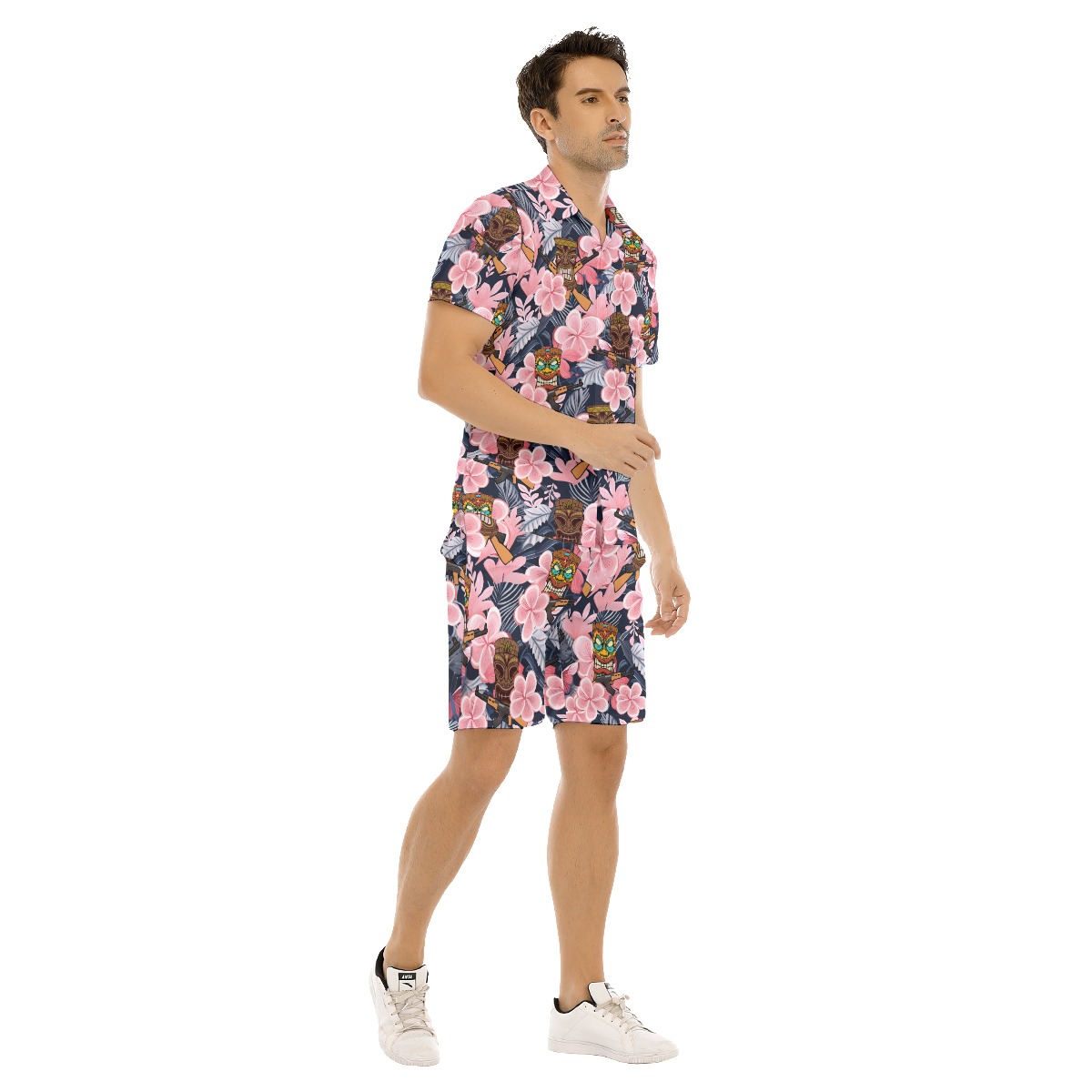 Set Tactical Tiki Floral Hawaiian Shirt And Matching Shorts For Men