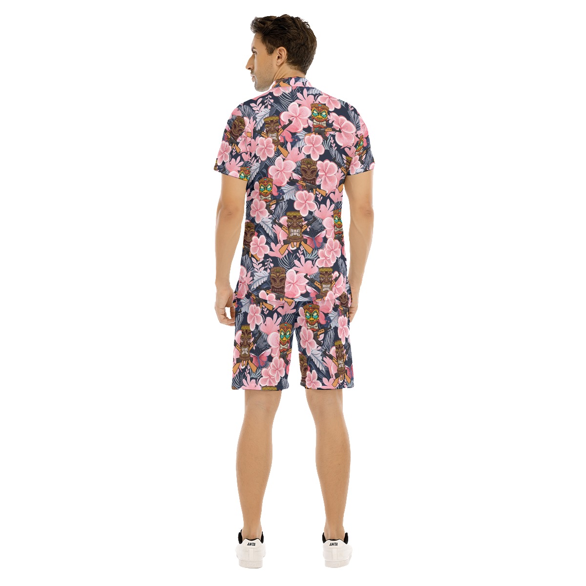Set Tactical Tiki Floral Hawaiian Shirt And Matching Shorts For Men