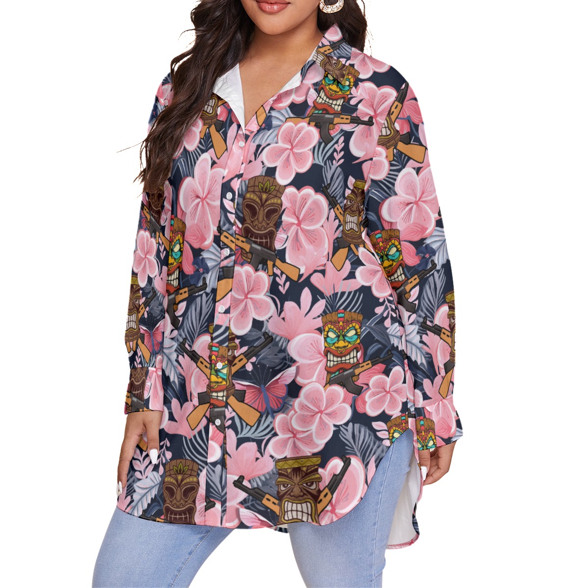 Tactical Tiki Tropical Floral Hawaiian Plus Size Shirt For Women