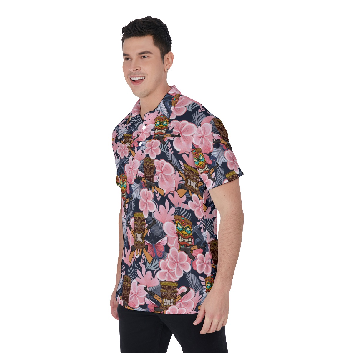 Funny Tiki With Gun Floral Hawaiian Polo Shirt For Men