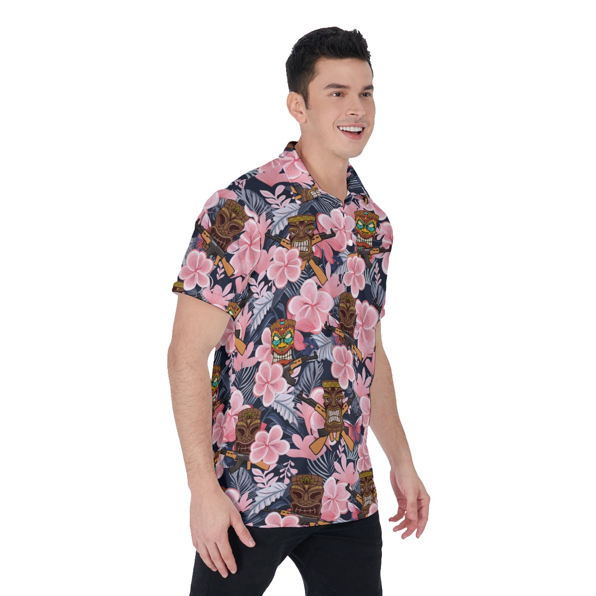Funny Tiki With Gun Floral Hawaiian Polo Shirt For Men