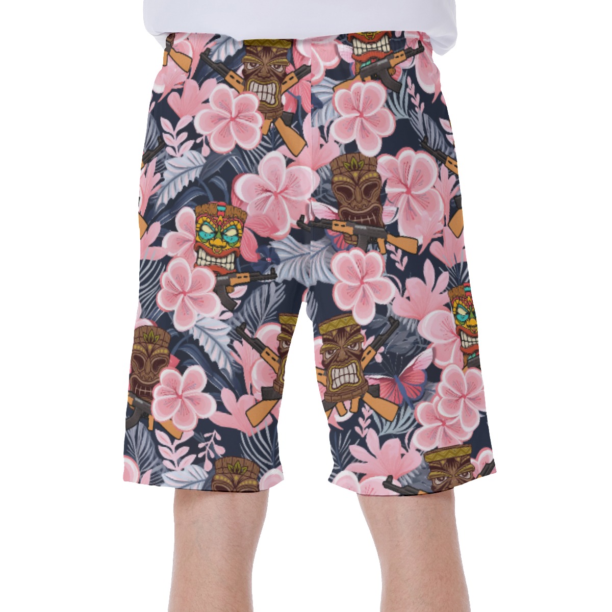 Funny Tiki With Gun Floral Hawaiian Swimwear For Men