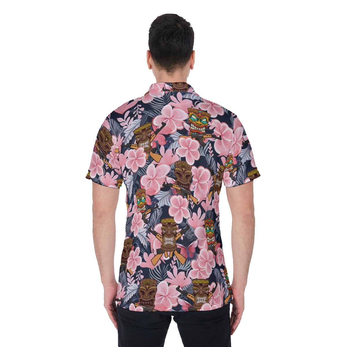 Funny Tiki With Gun Floral Hawaiian Polo Shirt For Men