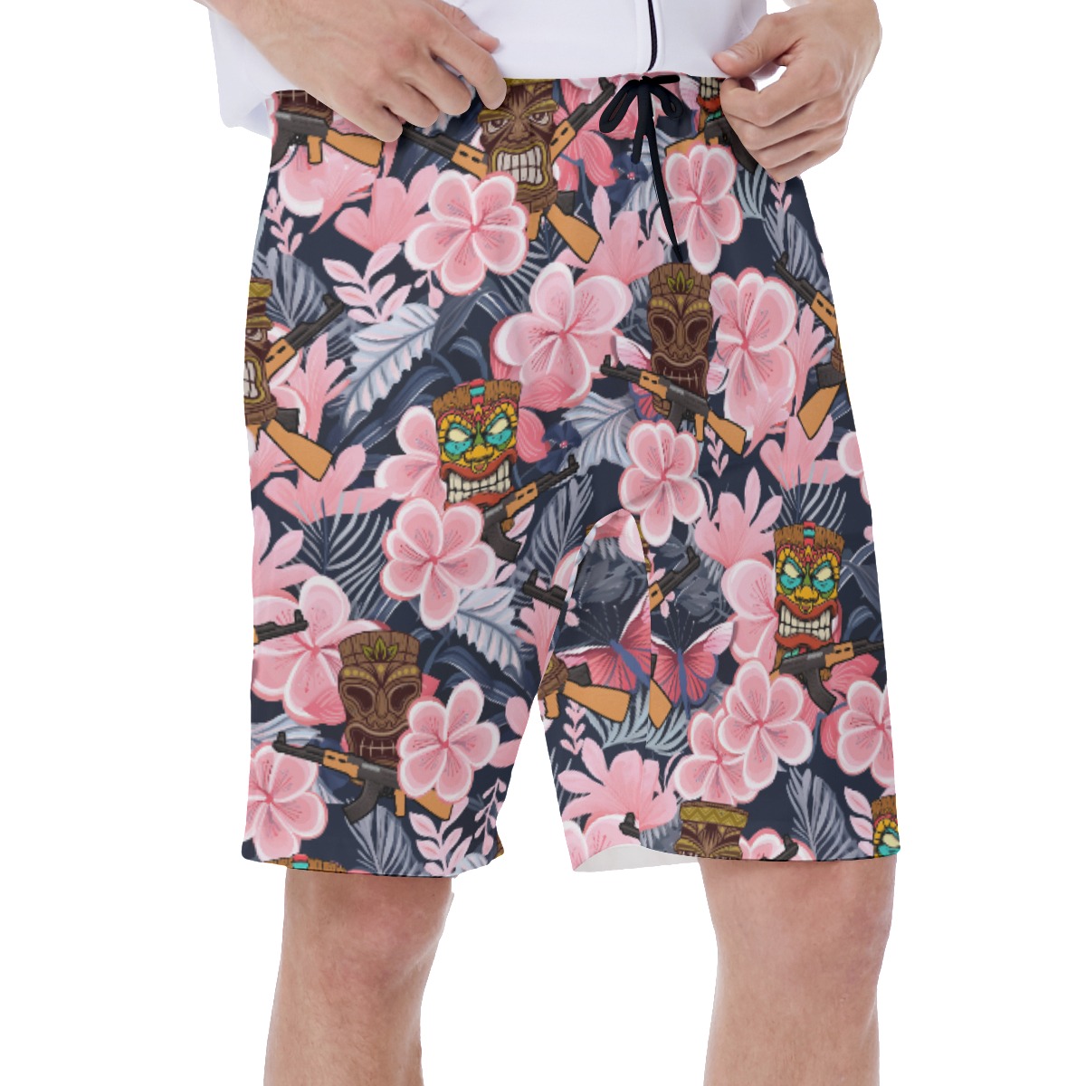 Funny Tiki With Gun Floral Hawaiian Swimwear For Men