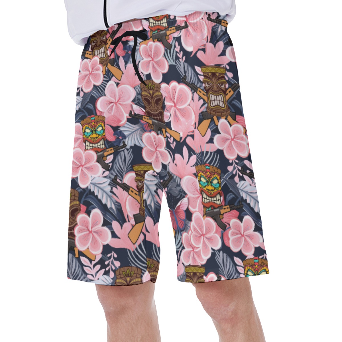 Funny Tiki With Gun Floral Hawaiian Swimwear For Men