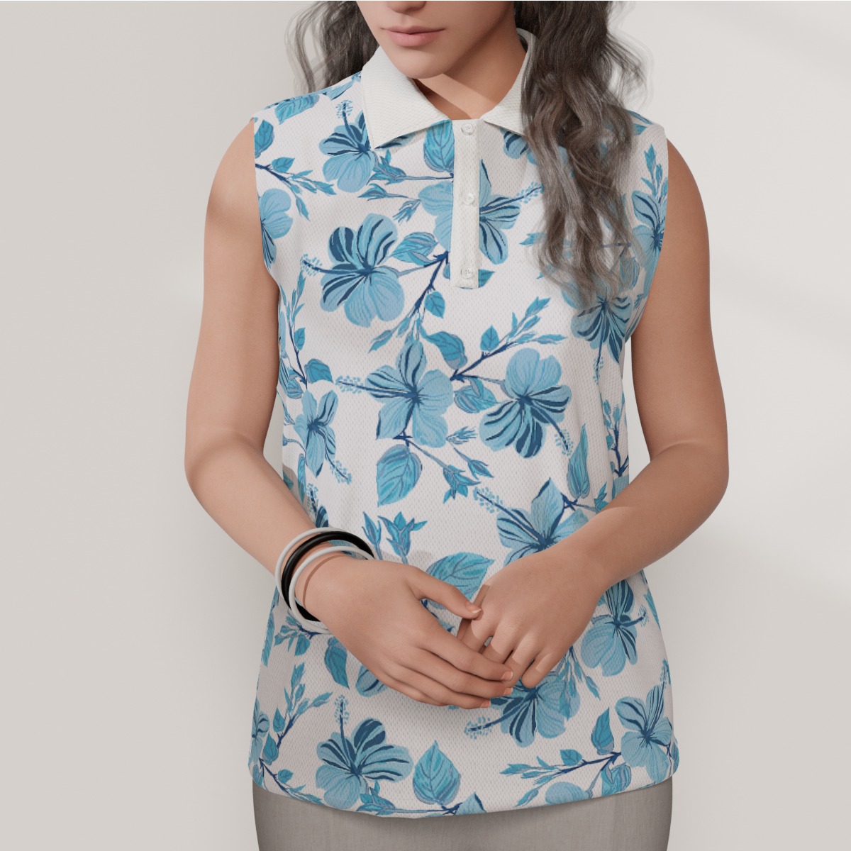 Tropical Hibiscus Women's Sleeveless Polo Shirt | Hawaiian Golf Shirt