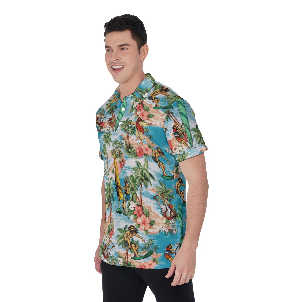Funny Surfing Jesus Hawaiian Christmas Polo Shirt For Men