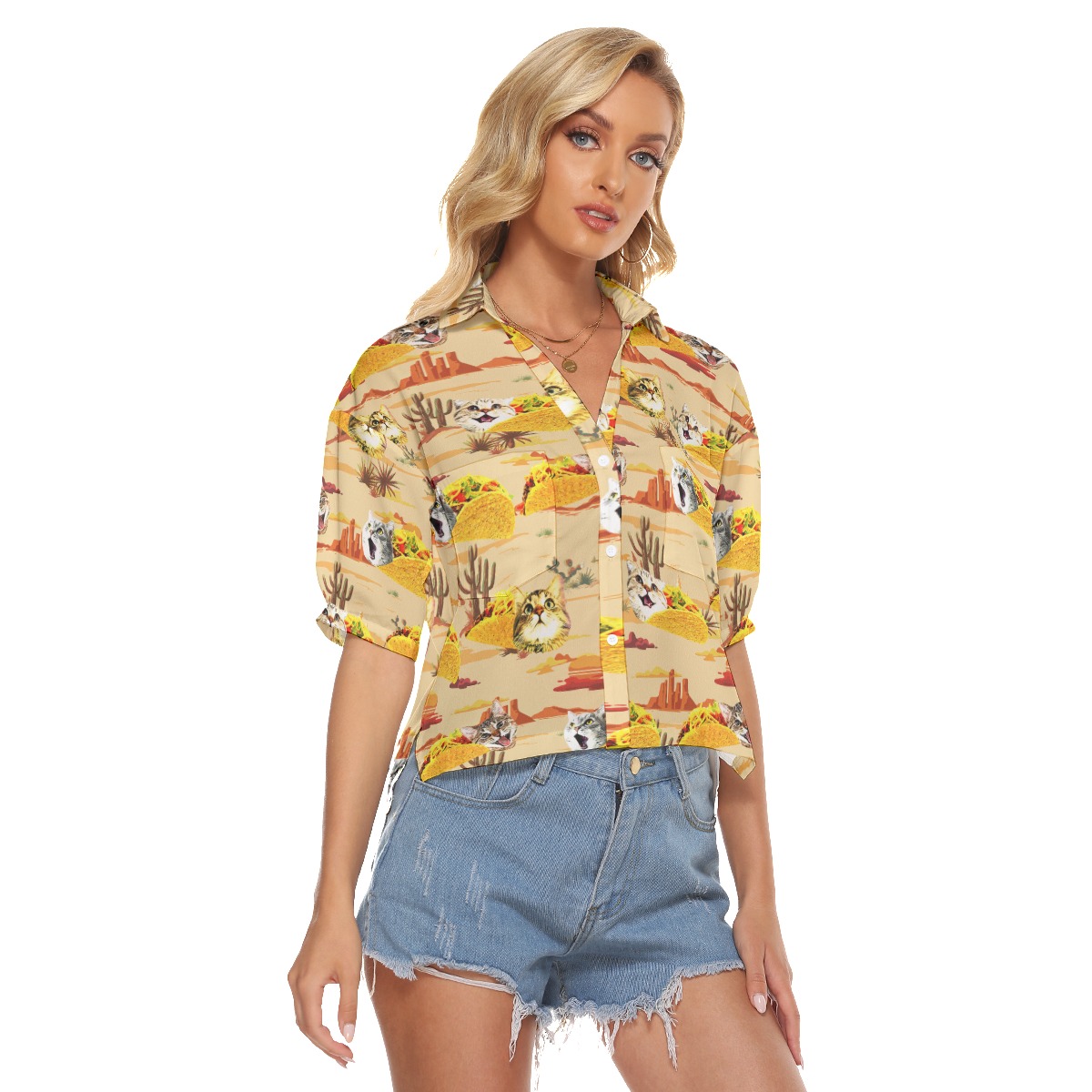 Cute Taco Cat Yellow Aloha Cropped Shirt For Women