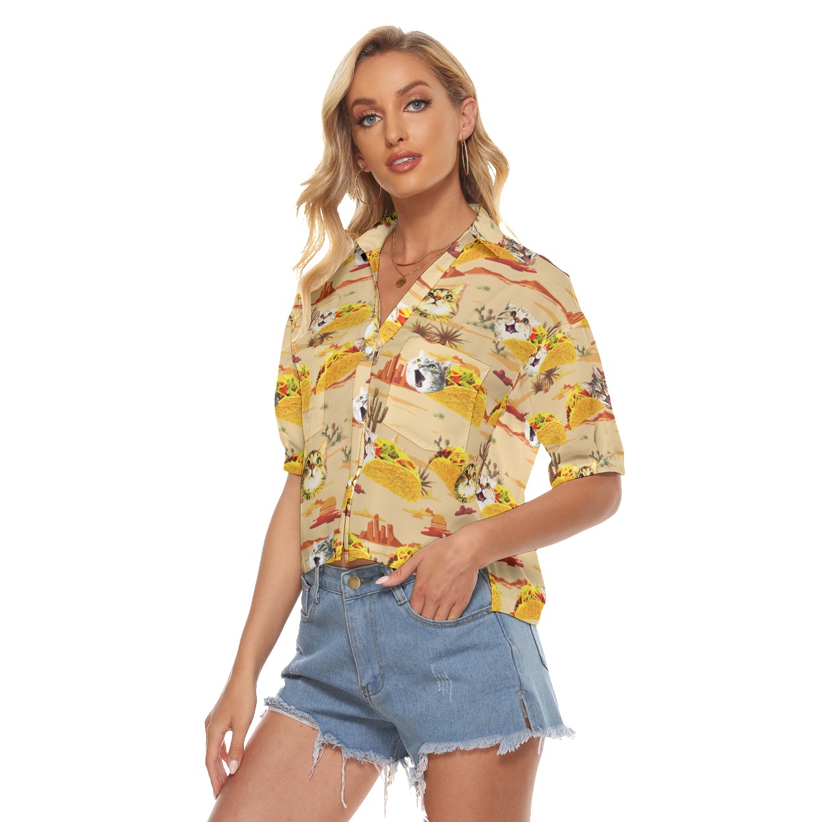 Cute Taco Cat Yellow Aloha Cropped Shirt For Women