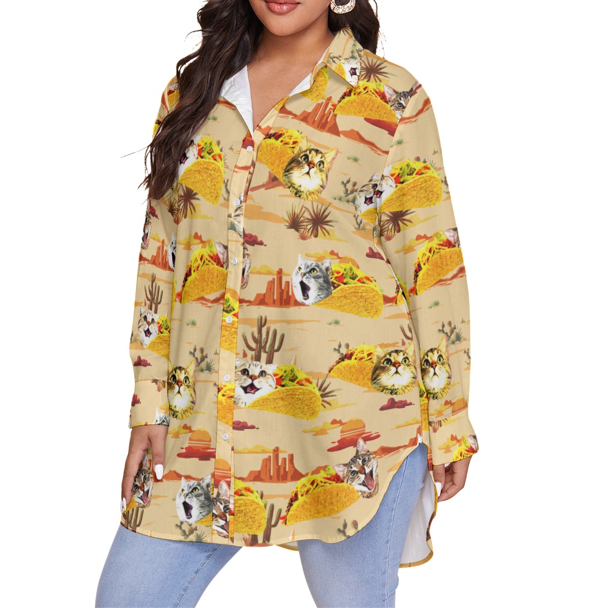 Funny Taco Cat Vintage Hawaiian Blouse Shirt For Women