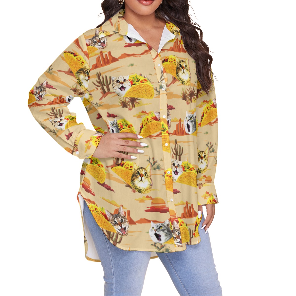 Funny Taco Cat Vintage Hawaiian Blouse Shirt For Women