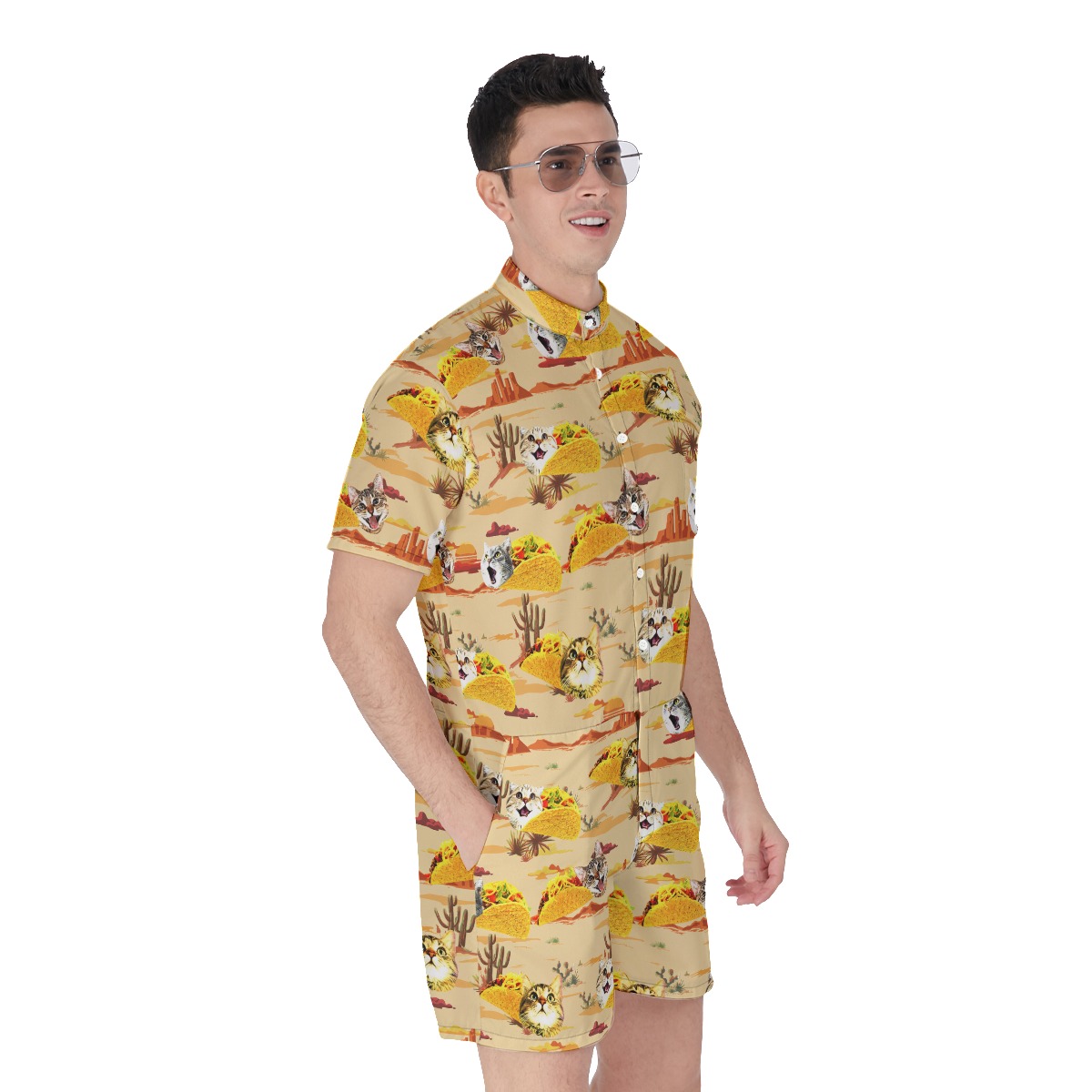 Funny Taco Cat Yellow Men's Hawaiian Romper For Summer
