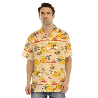 Funny Taco Cat Yellow Vintage Hawaiian Collared Shirt