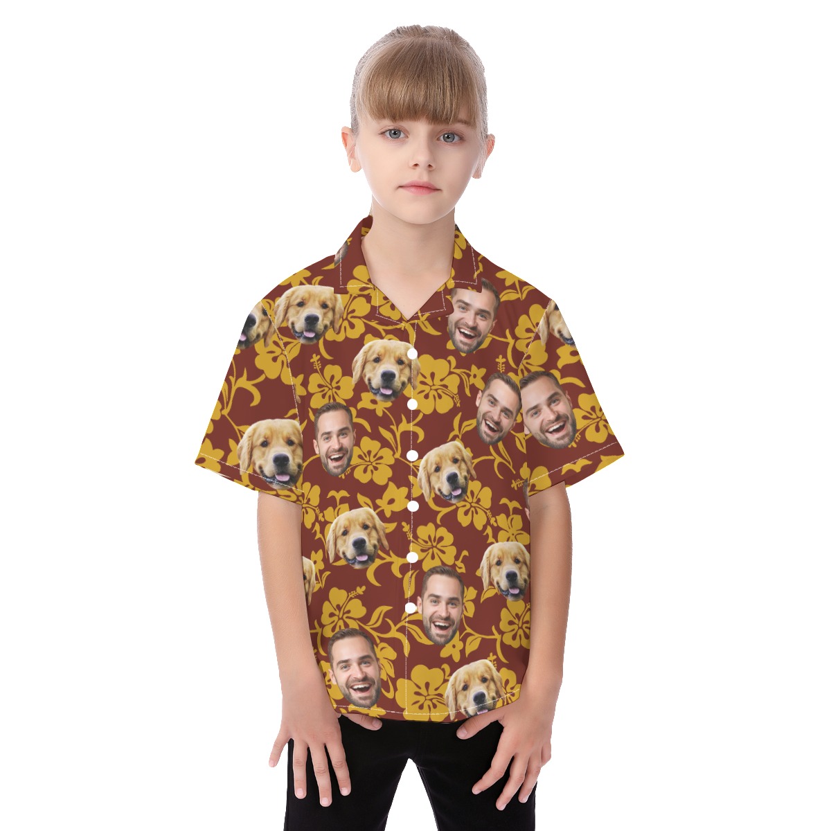 Cute Dog Face Kid's Hawaiian Shirt Red Yellow - variant image 1