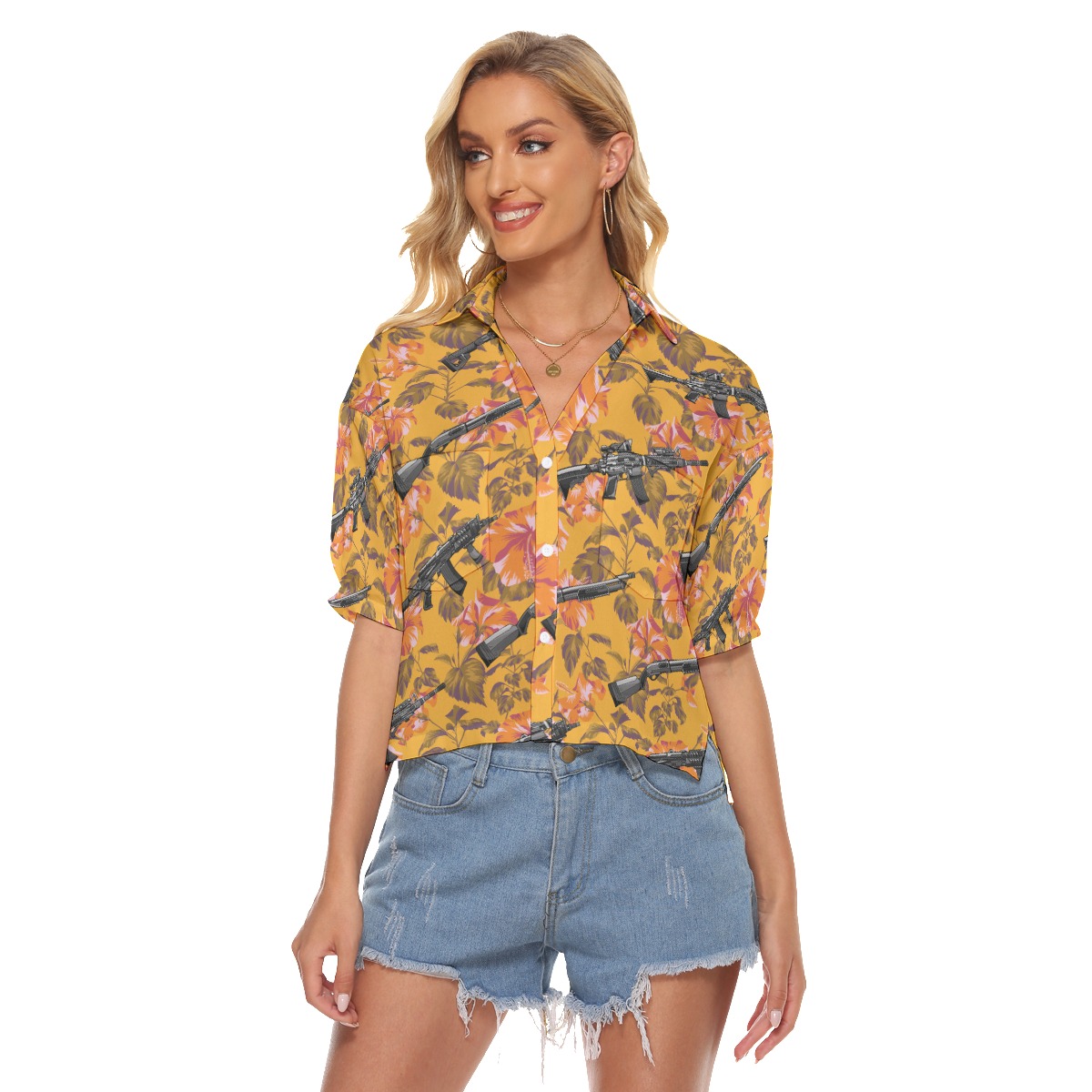 Tropical Hibiscus Tactical Orange Aloha Crop Top Shirt - variant image 1
