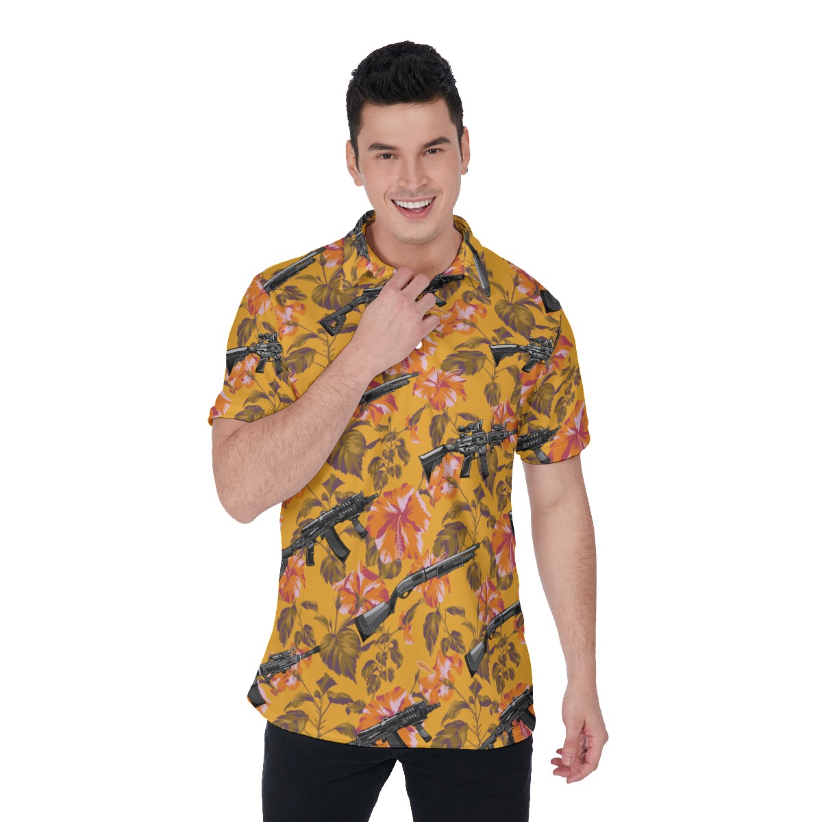 Cool Tactical Gun Floral Orange Hawaiian Men's Polo Shirt - variant image 1