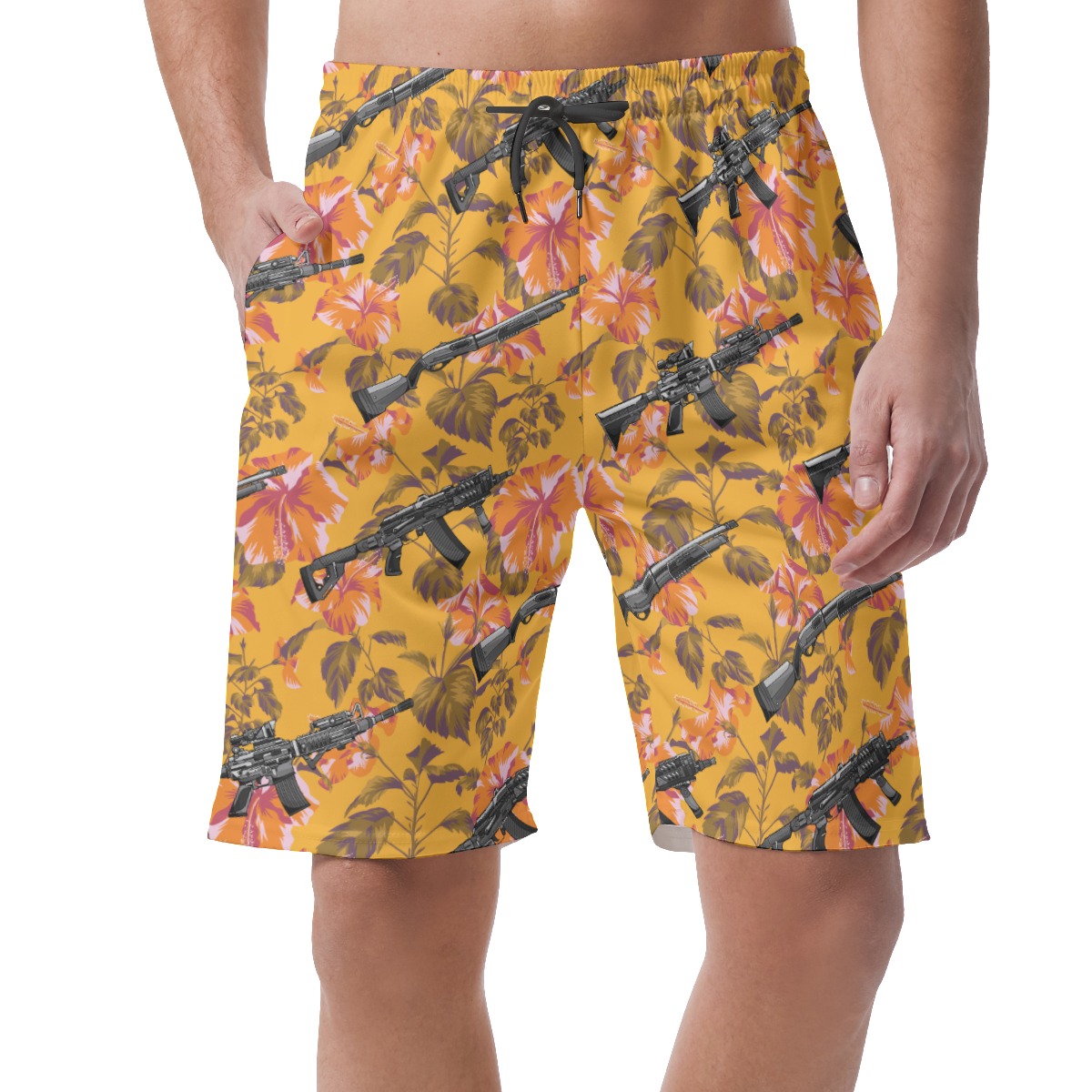 Floral Tactical Gun Orange Hawaiian Beach Shorts For Men - variant image 1