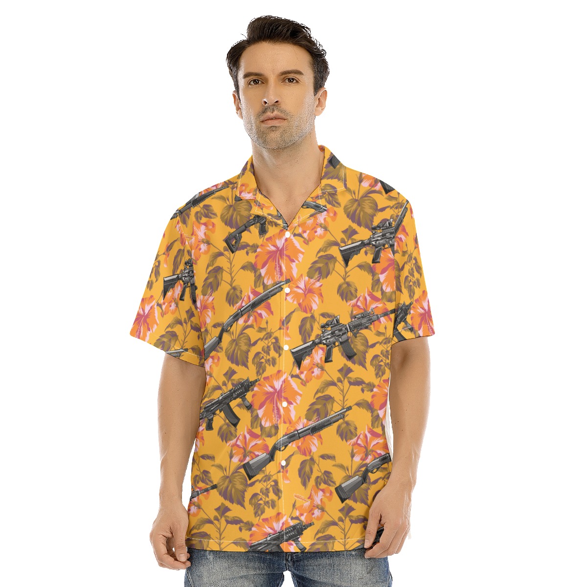 Orange Hibiscus Tactical Long Gun Hawaiian Shirt - variant image 1