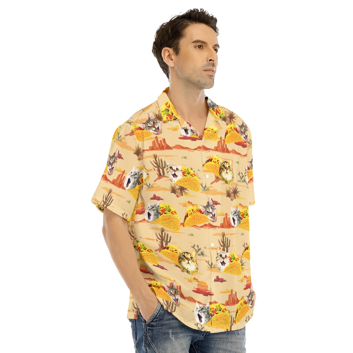 Funny Taco Cat Yellow Vintage Hawaiian Collared Shirt