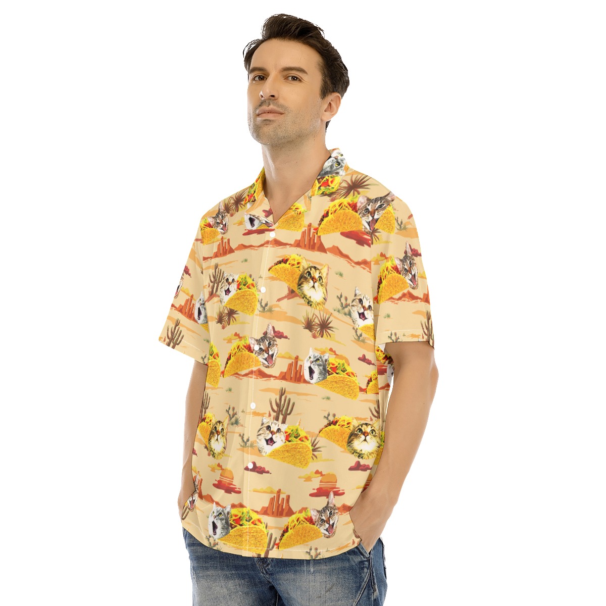 Funny Taco Cat Yellow Vintage Hawaiian Collared Shirt