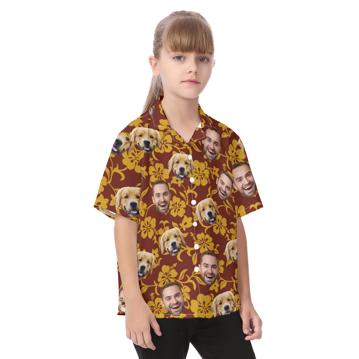 Cute Dog Face Kid's Hawaiian Shirt Red Yellow