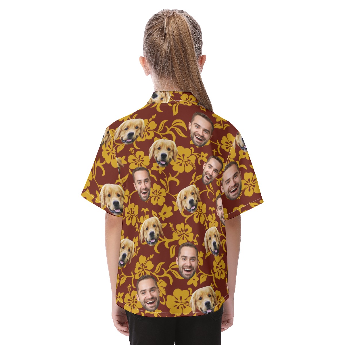 Cute Dog Face Kid's Hawaiian Shirt Red Yellow