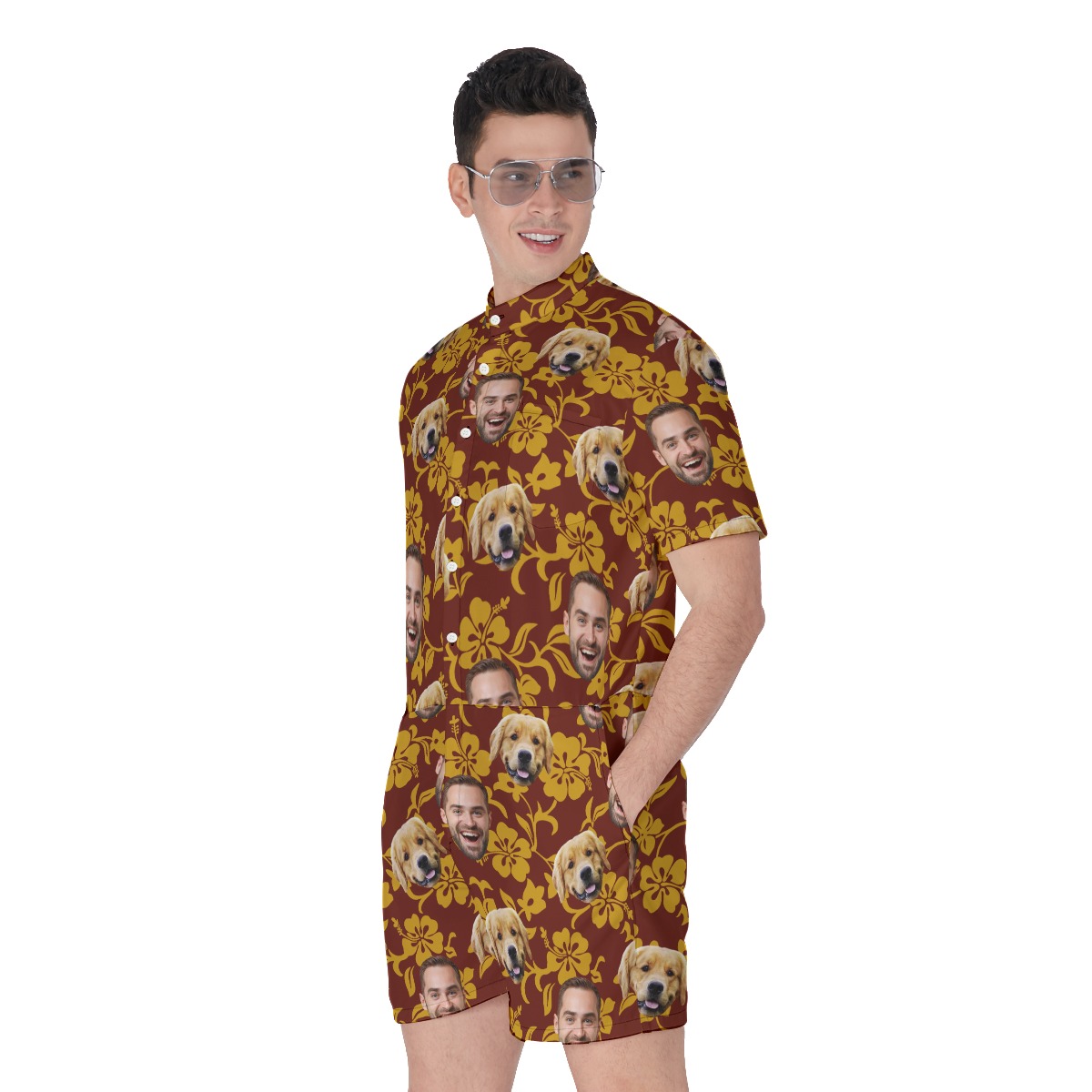 Personalized Tropical Romper For Men With Dog Face