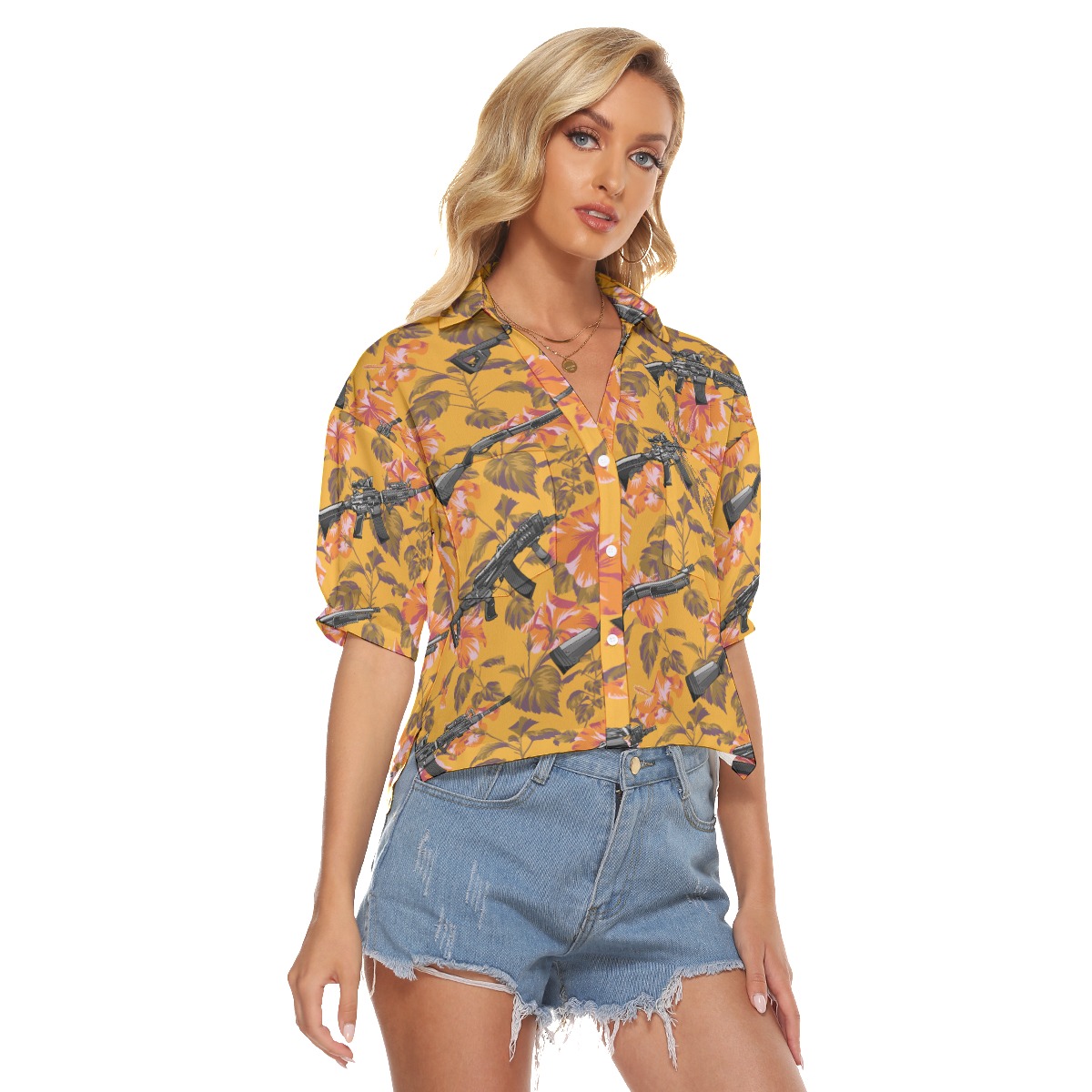 Tropical Hibiscus Tactical Orange Aloha Crop Top Shirt