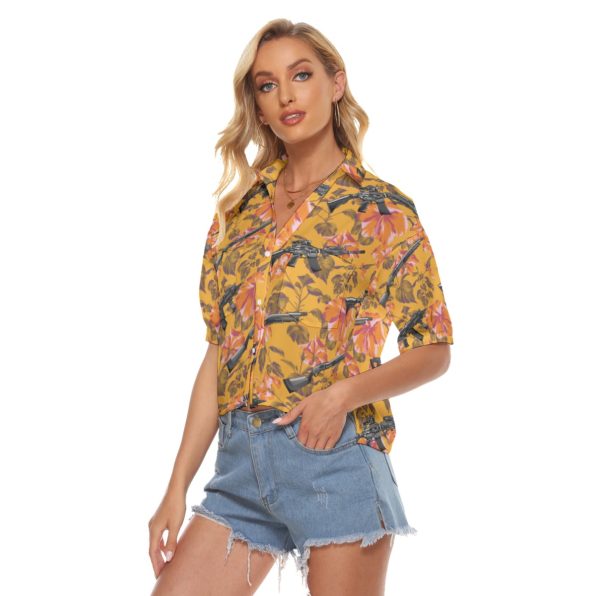 Tropical Hibiscus Tactical Orange Aloha Crop Top Shirt