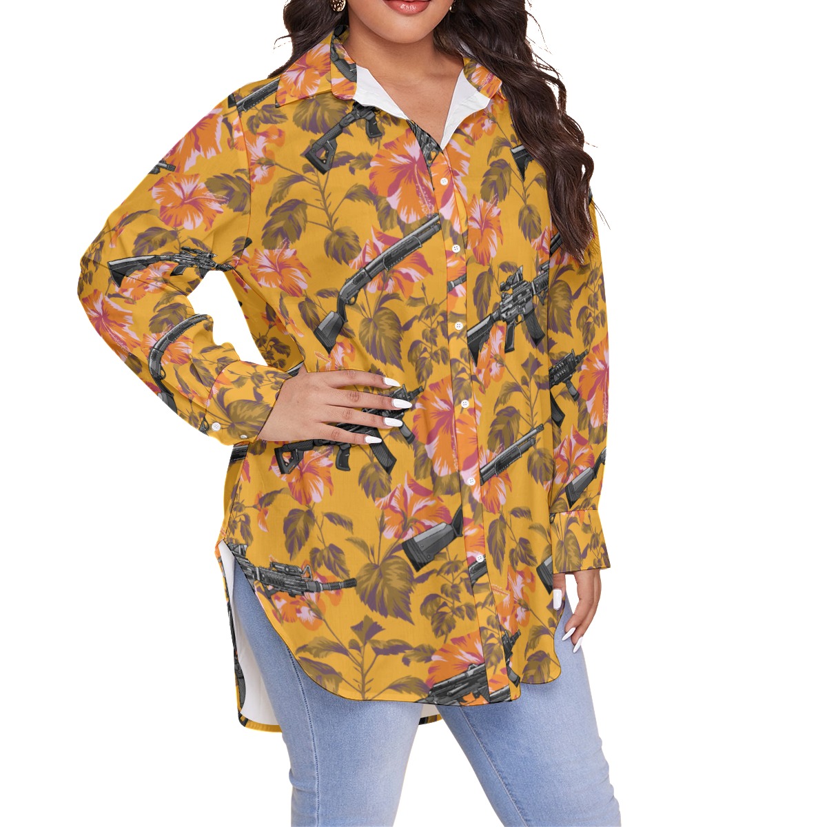 Funny Tactical Hibiscus Hawaiian Plus Size Shirt For Women