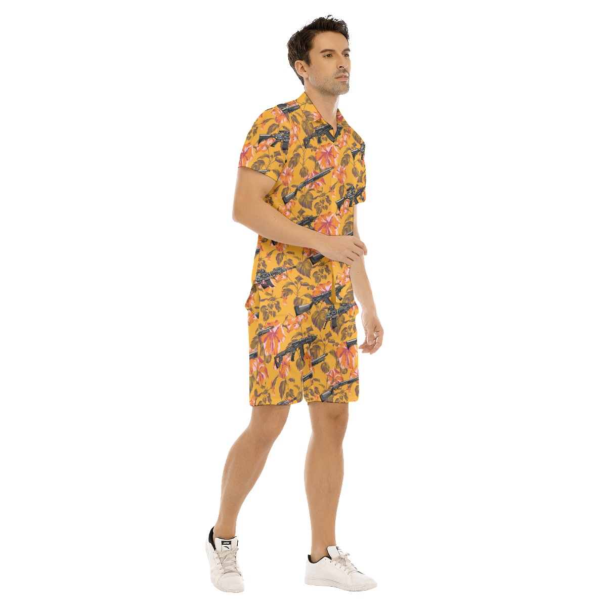 Set Tropical Hibiscus Tactical Gun Hawaiian Shirt And Matching Shorts For Men