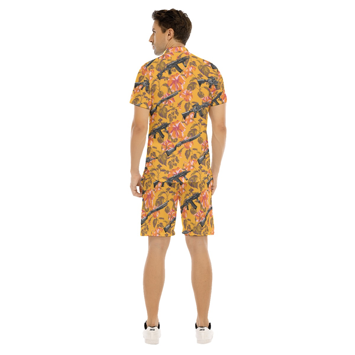 Set Tropical Hibiscus Tactical Gun Hawaiian Shirt And Matching Shorts For Men