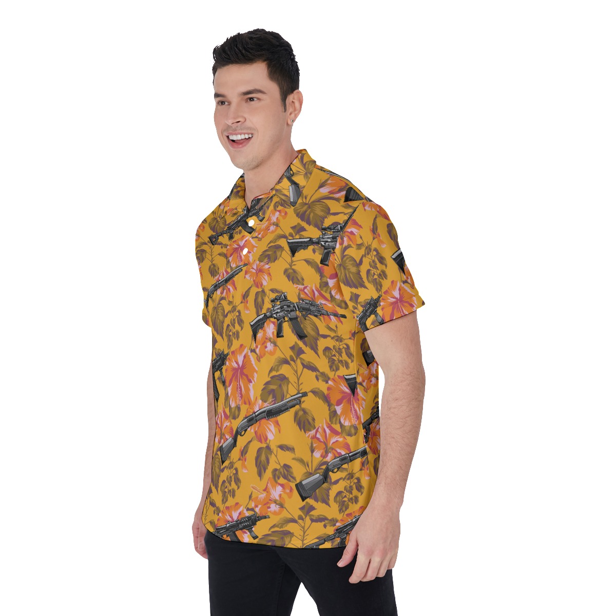 Cool Tactical Gun Floral Orange Hawaiian Men's Polo Shirt