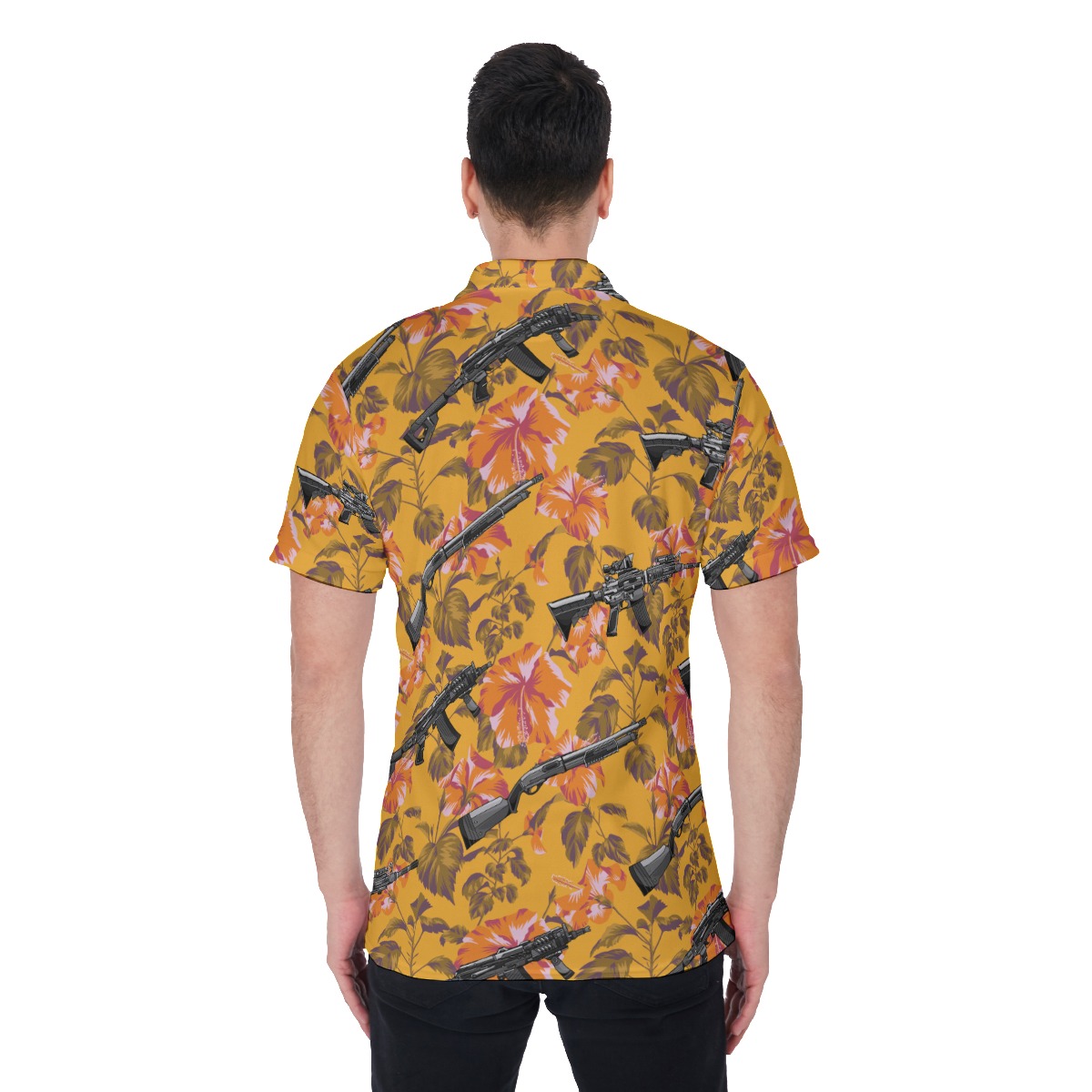 Cool Tactical Gun Floral Orange Hawaiian Men's Polo Shirt