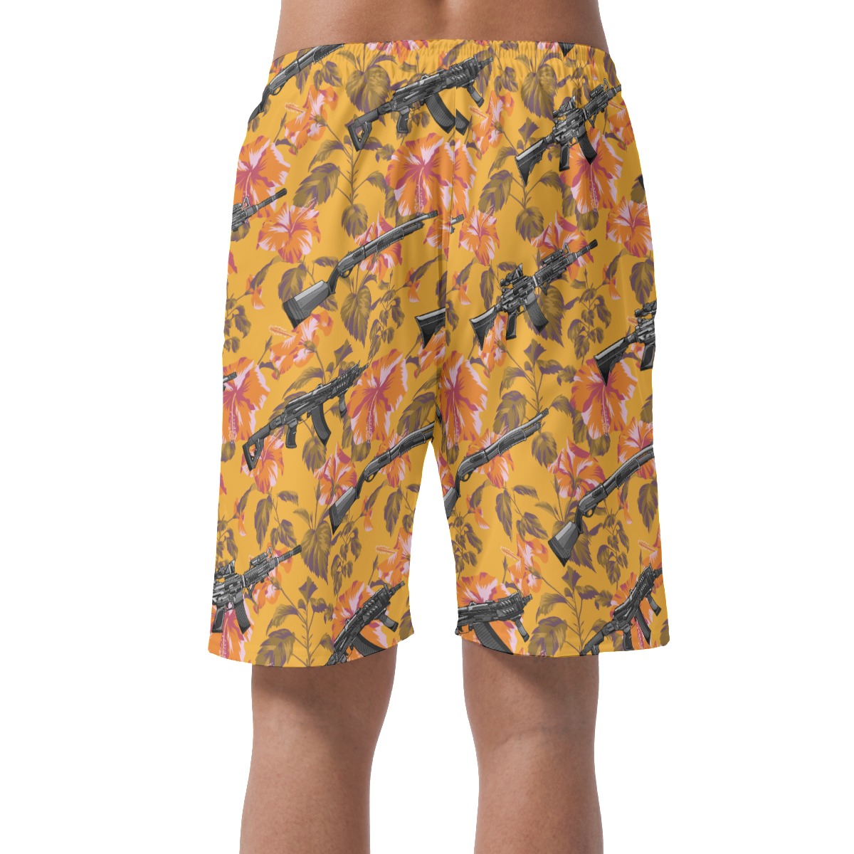 Floral Tactical Gun Orange Hawaiian Beach Shorts For Men