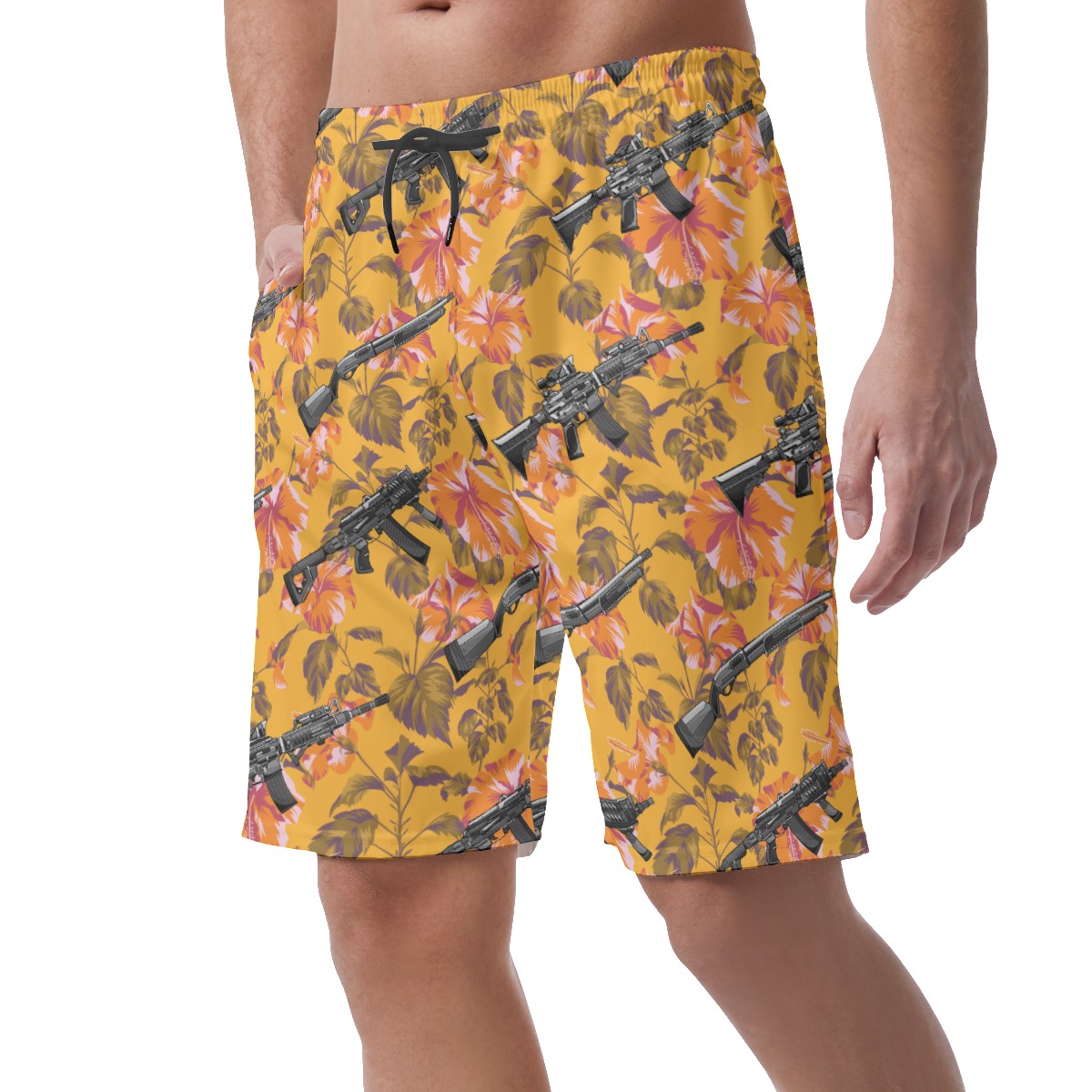 Floral Tactical Gun Orange Hawaiian Beach Shorts For Men