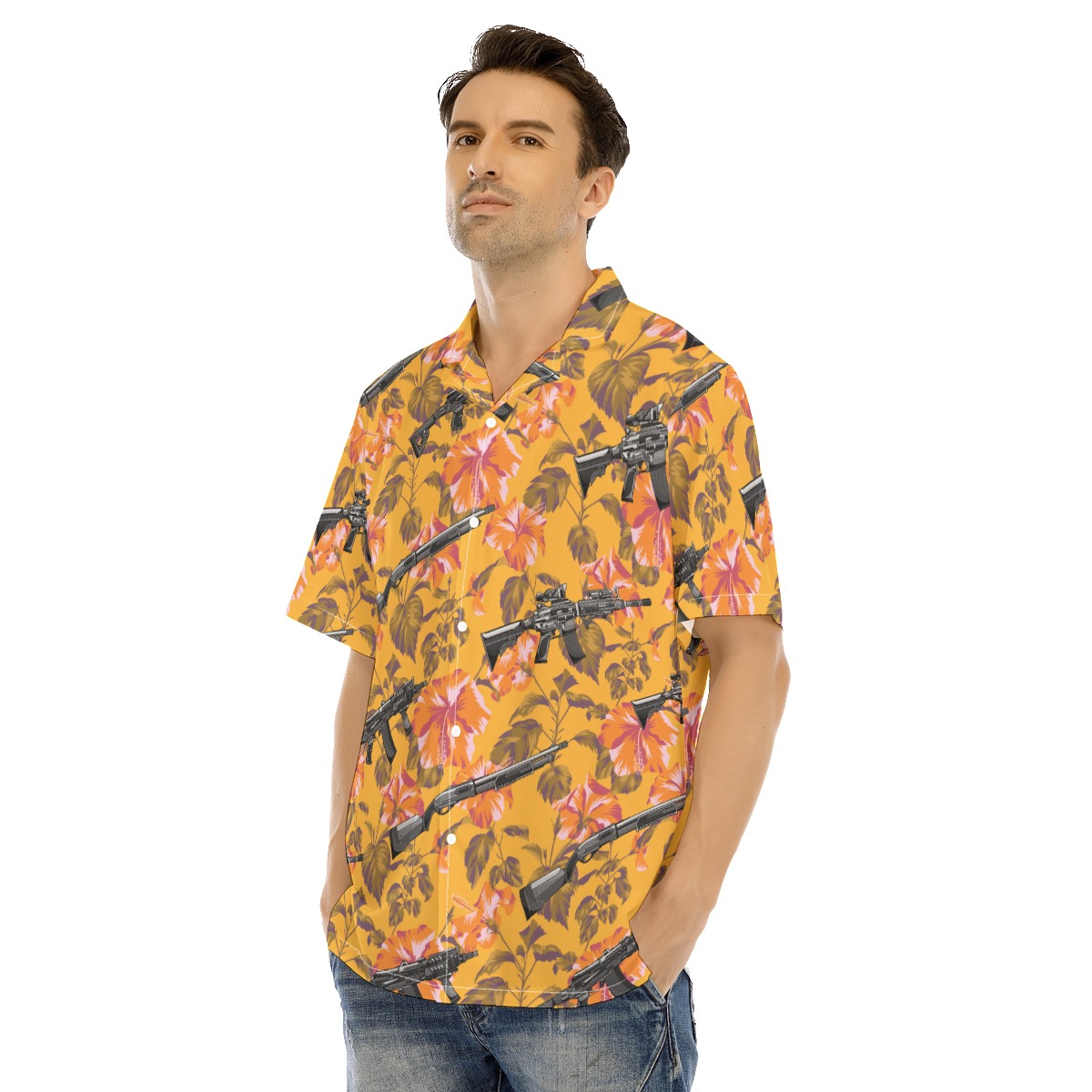 Orange Hibiscus Tactical Long Gun Hawaiian Shirt