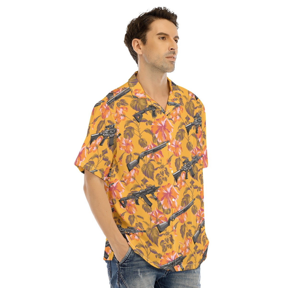 Orange Hibiscus Tactical Long Gun Hawaiian Shirt