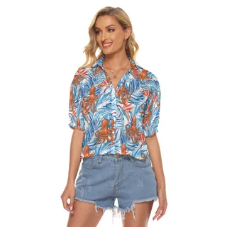Tropical Octopus Blue Aloha Crop Top Shirt For Women