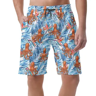 Red Octopus Tropical Blue Hawaiian Beach Shorts For Men