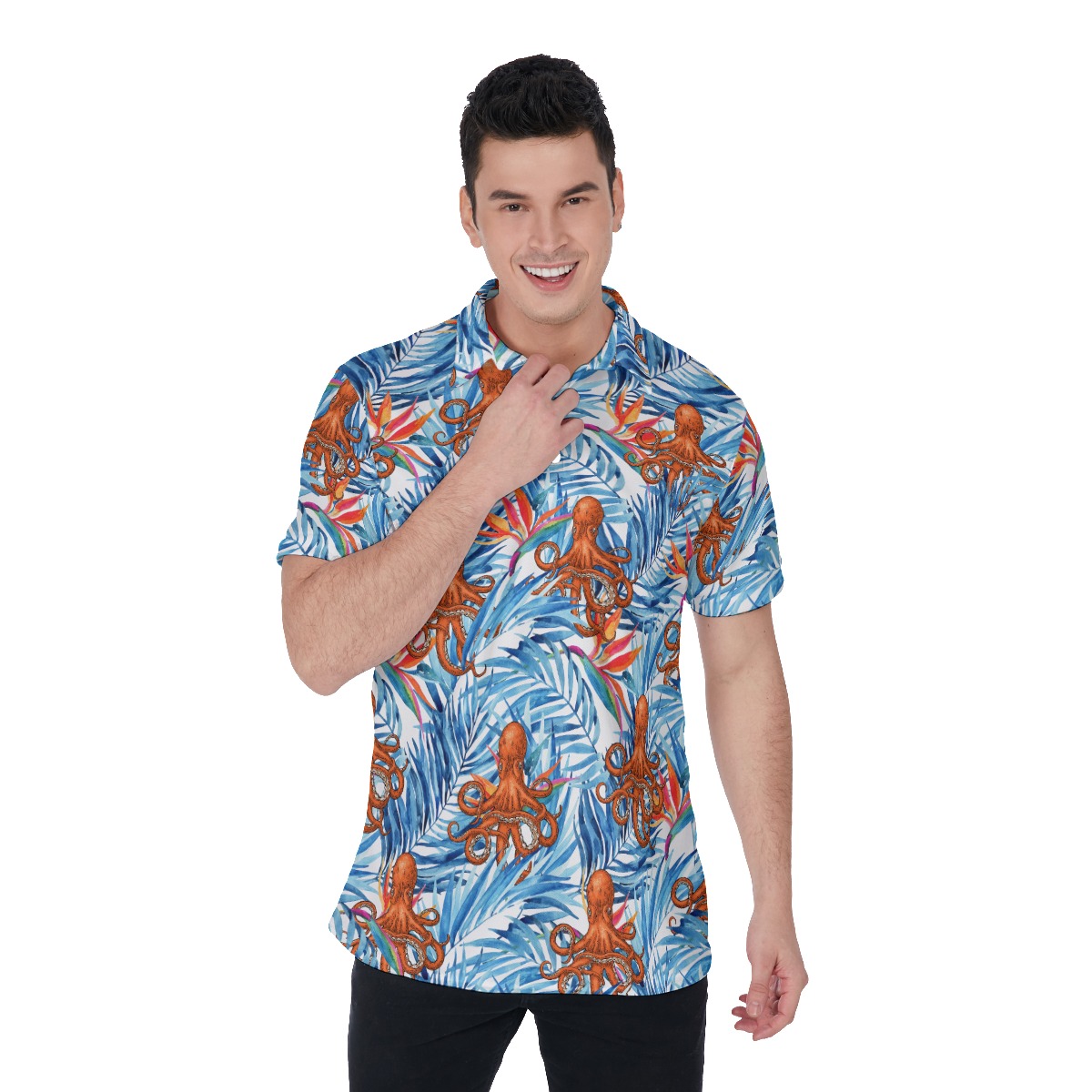 Tropical Octopus Blue Hawaiian Men's Polo Shirt - variant image 1