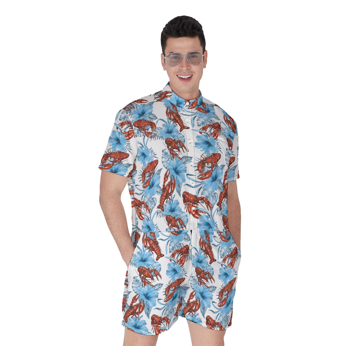 Funny Lobster Floral Blue Hawaiian Romper For Men - variant image 1