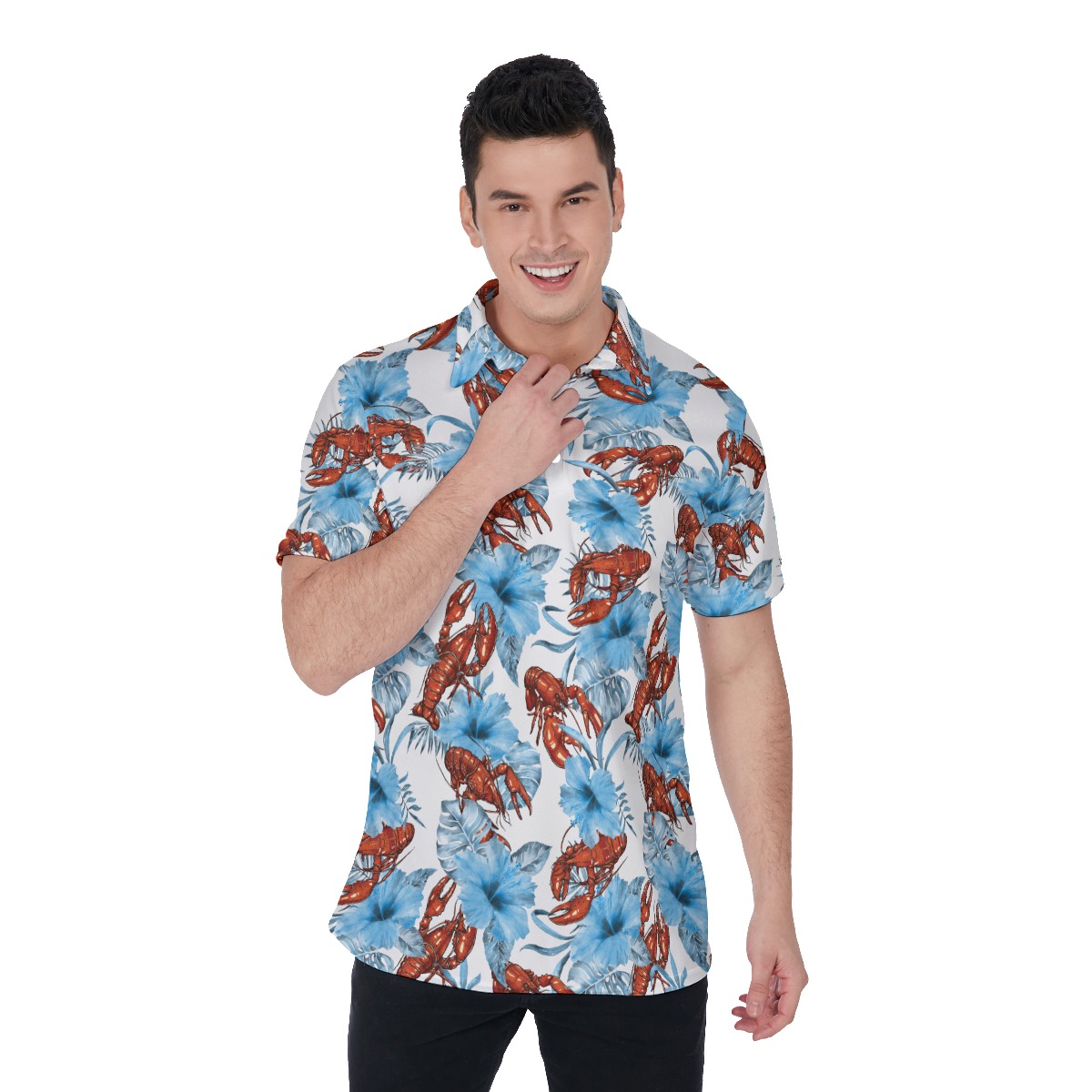 Blue Hibiscus Lobster Hawaiian Men's Polo Shirt - variant image 1