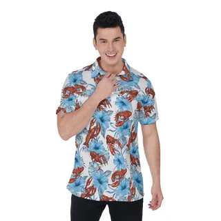 Blue Hibiscus Lobster Hawaiian Men's Polo Shirt