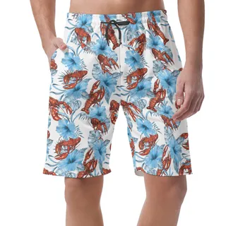 Lobster Floral Blue Hawaiian Beach Shorts For Men
