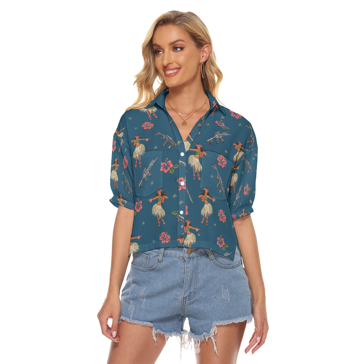 Hula Girl Tactical Gun Hibiscus Hawaiian Crop Top Shirt For Women - variant image 1