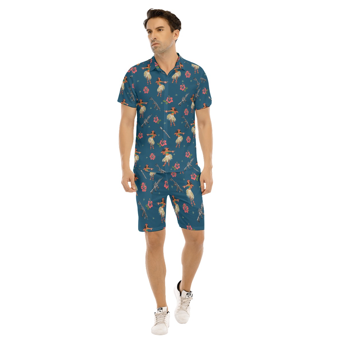 Set Hula Girl With Gun Hibiscus Hawaiian Shirt And Matching Shorts For Men - variant image 1