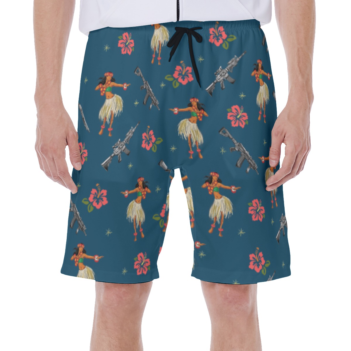 Navy Hibiscus Tactical Gun Hula Girl Hawaiian Swim Trunks - variant image 1