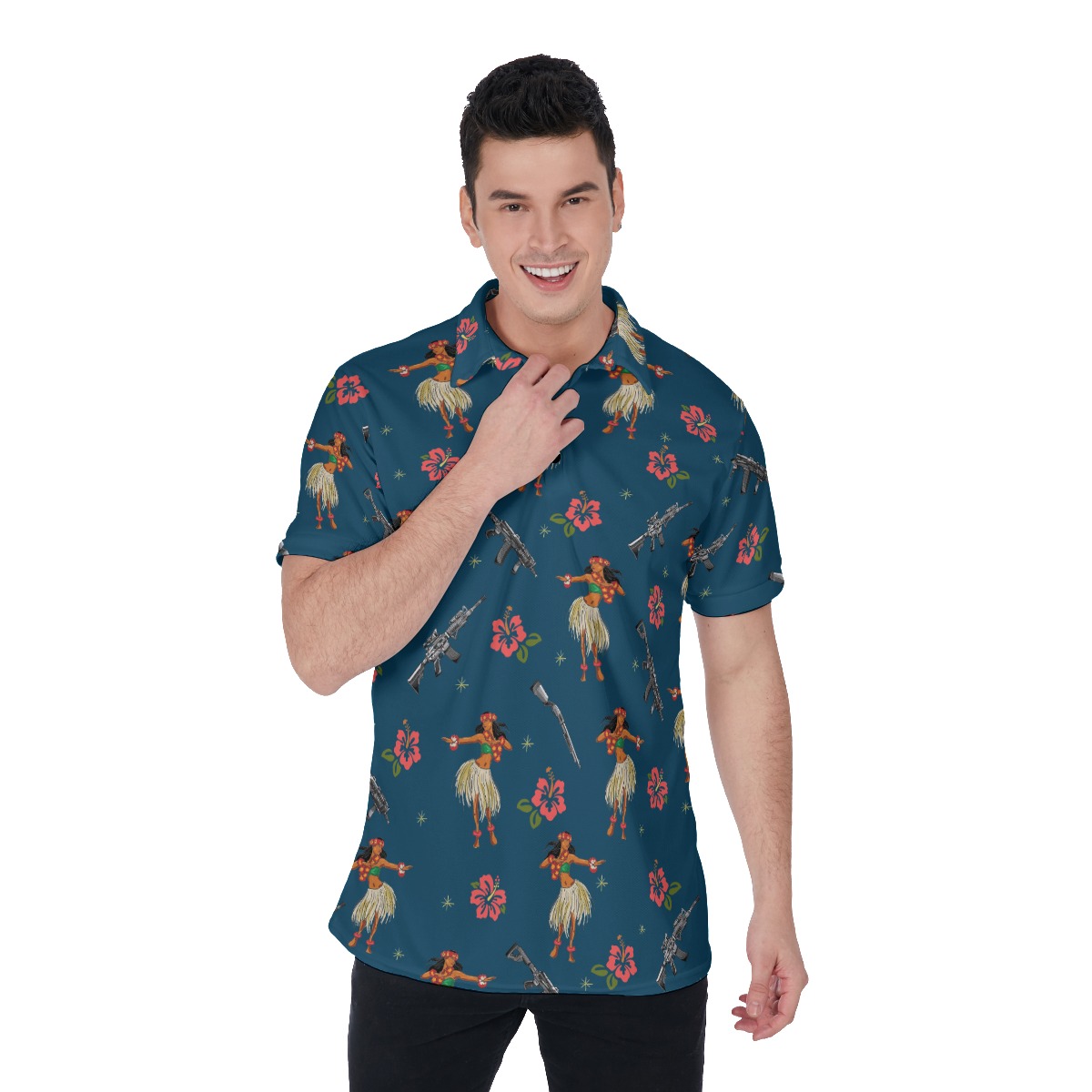 Classic Hula Girl Tactical Gun Navy Hawaiian Polo Golf Shirt - variant image 1