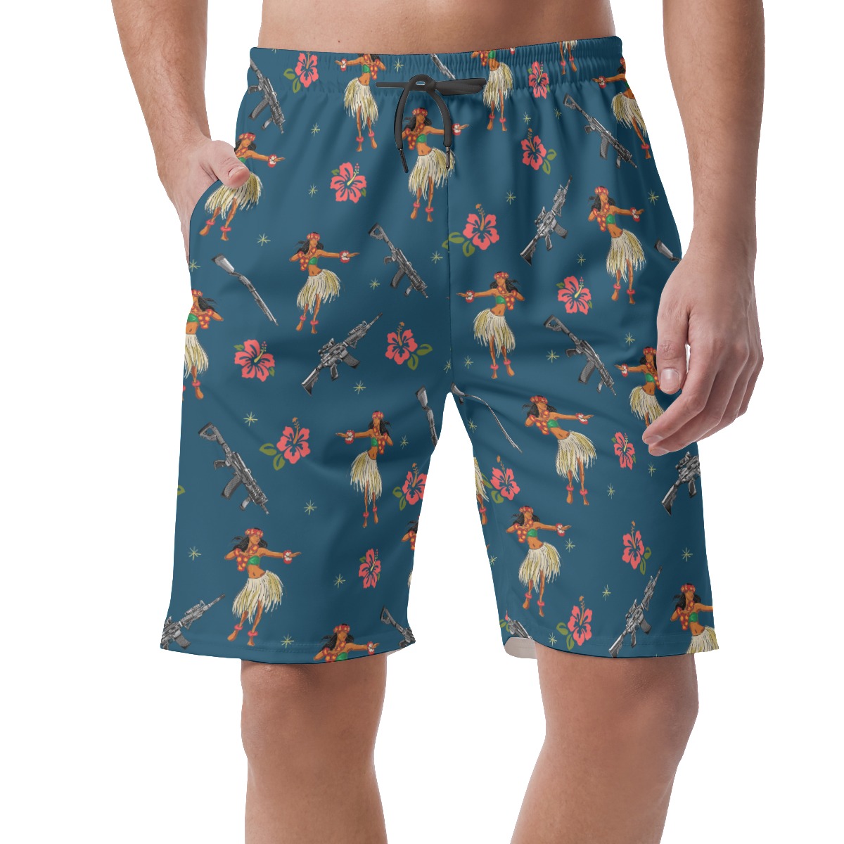 Tactical Hula Girl Hibiscus Navy Hawaiian Beach Shorts - variant image 1